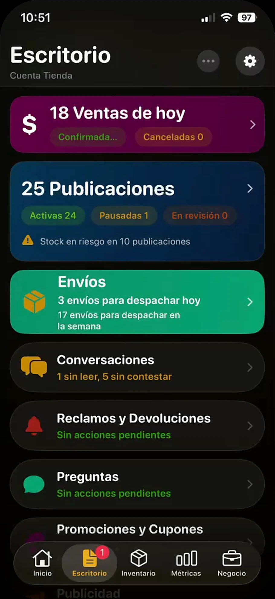 Escritorio de Lumelí: ventas de hoy, publicaciones, envíos, conversaciones, reclamos y preguntas