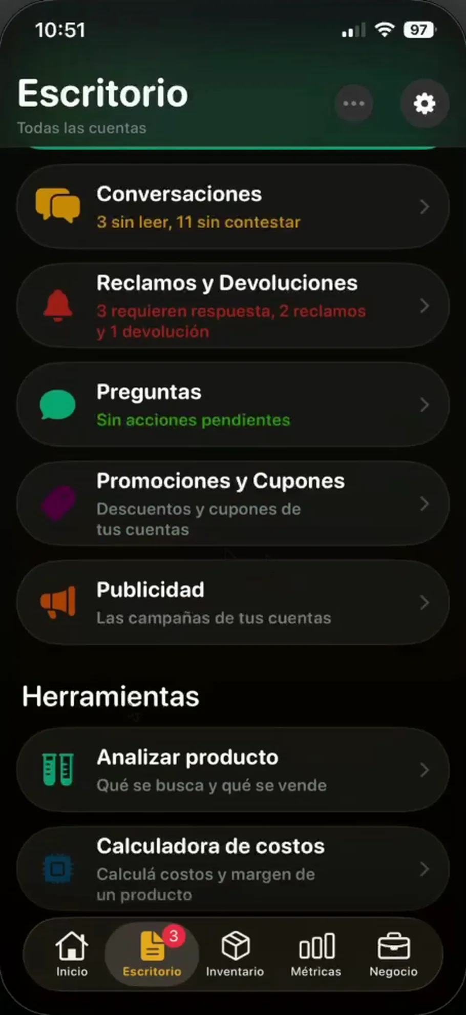 Escritorio de Lumelí con las herramientas: Analizar producto y Calculadora de costos