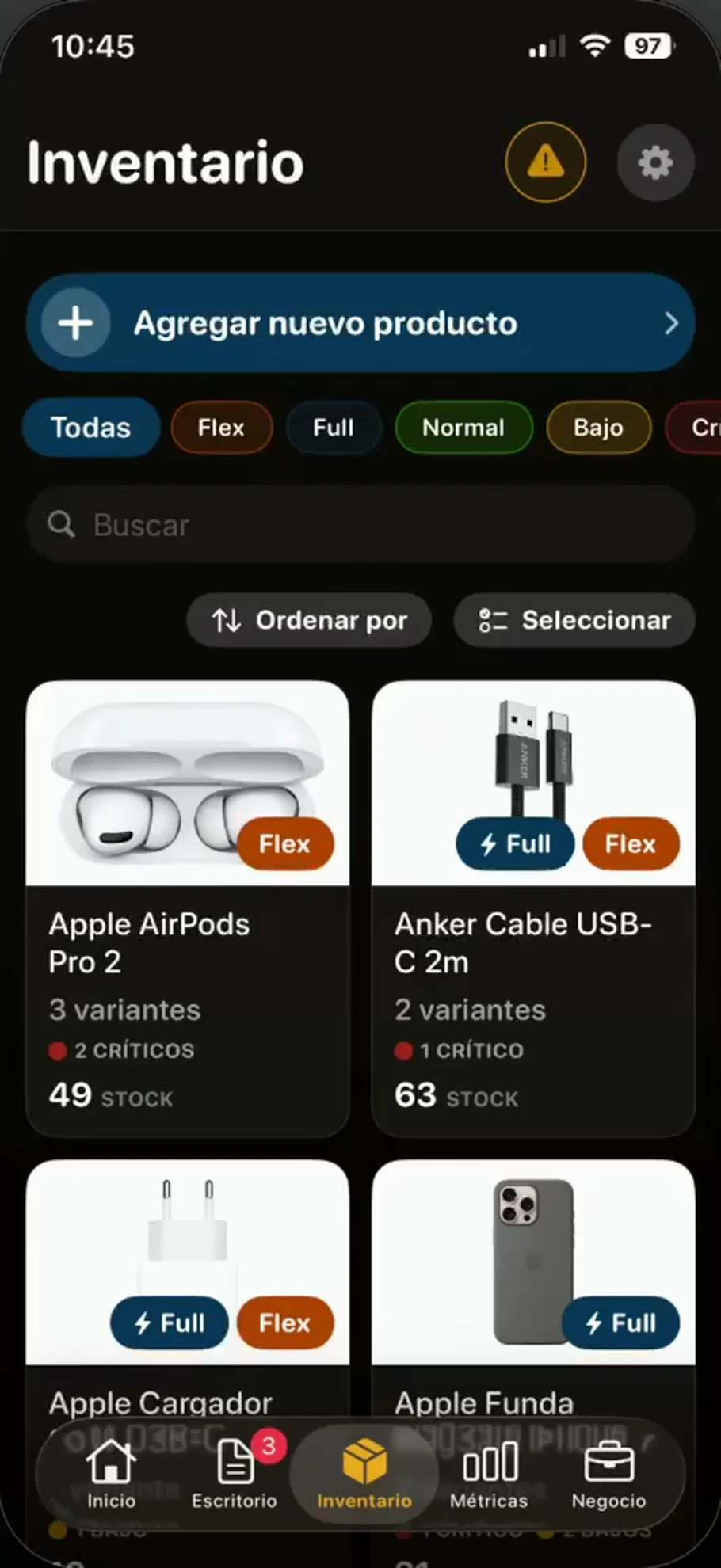 Inventario en Lumelí: productos con sus variantes, stock crítico, Full y Flex
