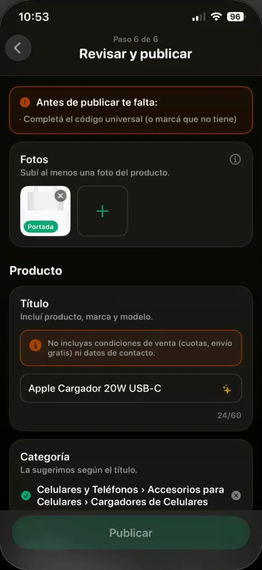 Revisar y publicar en Lumelí: fotos, título y categoría sugerida