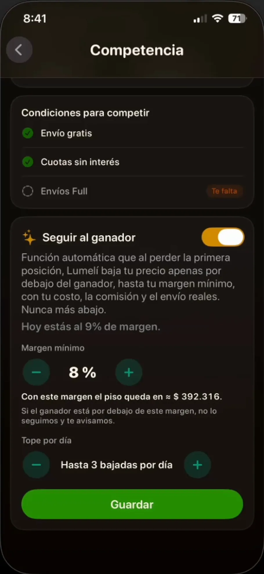 Seguir al ganador en Lumelí: margen mínimo, piso de precio y tope de bajadas por día